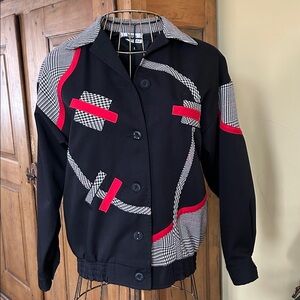 VINTAGE Black Bomber Jacket with Red & Houndstooth Accents USA